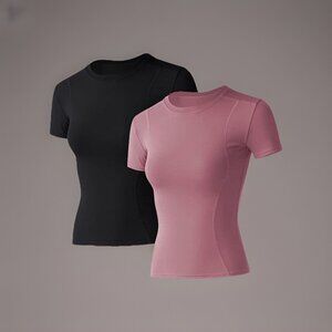 Lot of 2 Loovoo Workout Athletic Compression Dry Fit Yoga Gym Basic Tops ~ Small